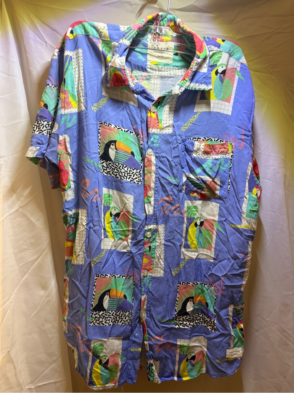 Men's Casual Short-Sleeve Toucan Print Button-Down Shirt - Blue
